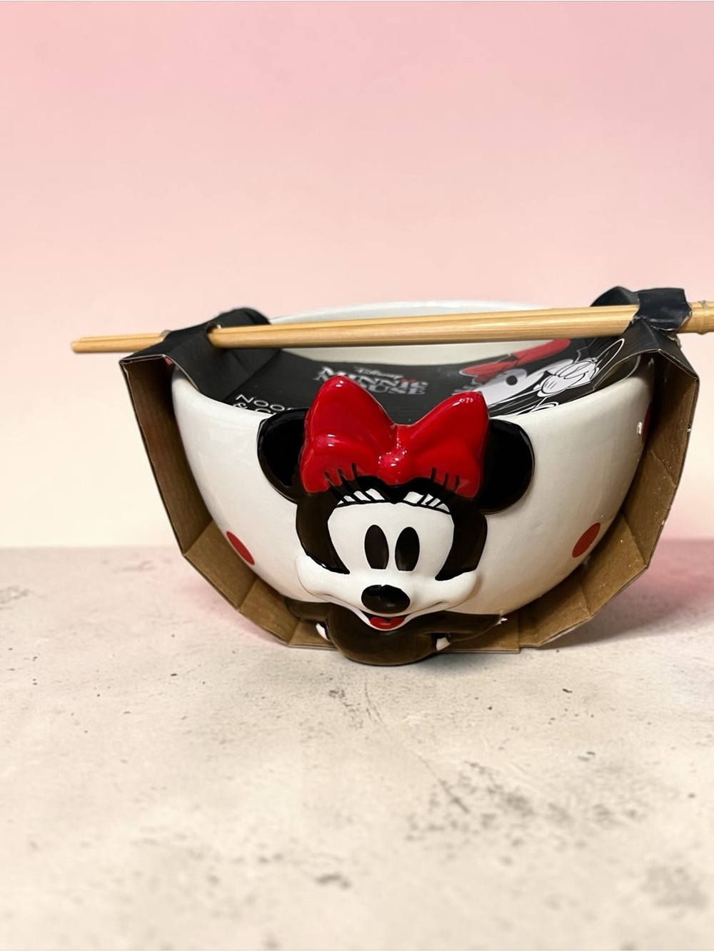 Disney Minnie Mouse Ceramic Kids Bowl with Red Bow and Chopsticks